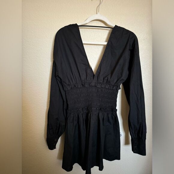 Ramy Brooke Blythe Smocked Long Sleeve V-Neck Mini Dress sz small black cotton - Picture 4 of 8